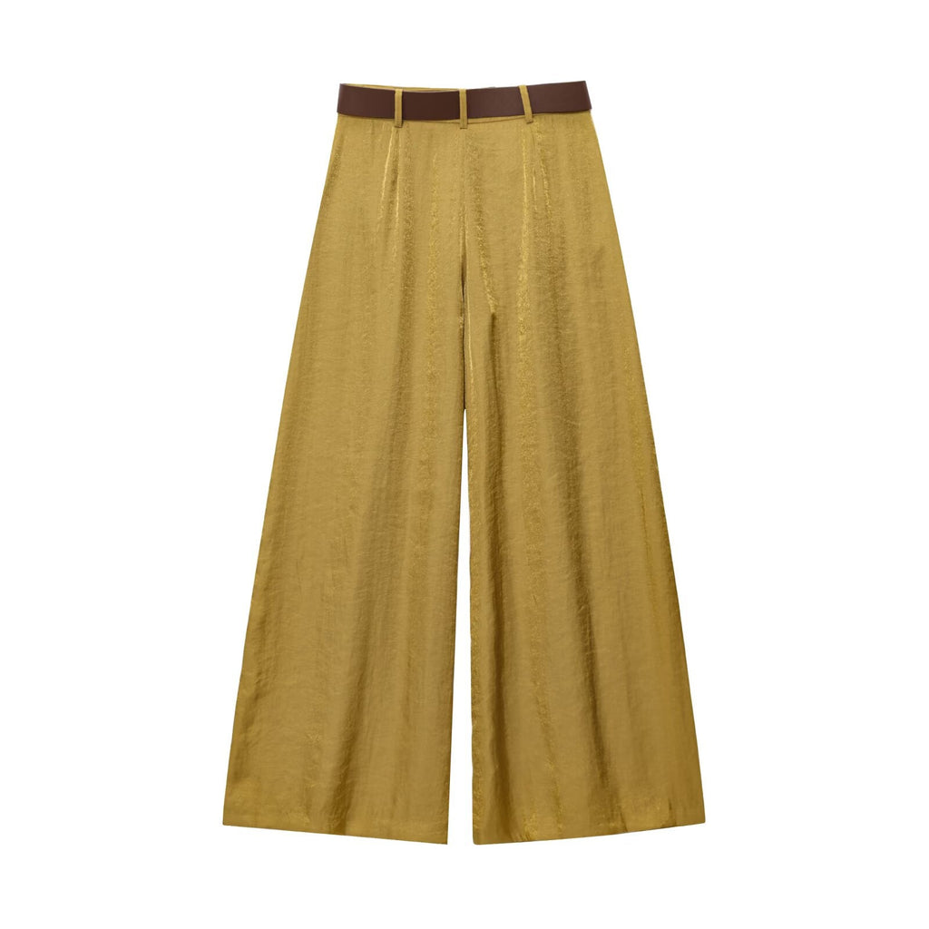 Women's chic Fashion With Belt loose satin texture wide leg pants