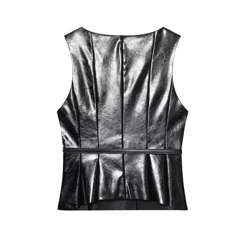 Women's new with Belt sleeveless faux leather effect vest top