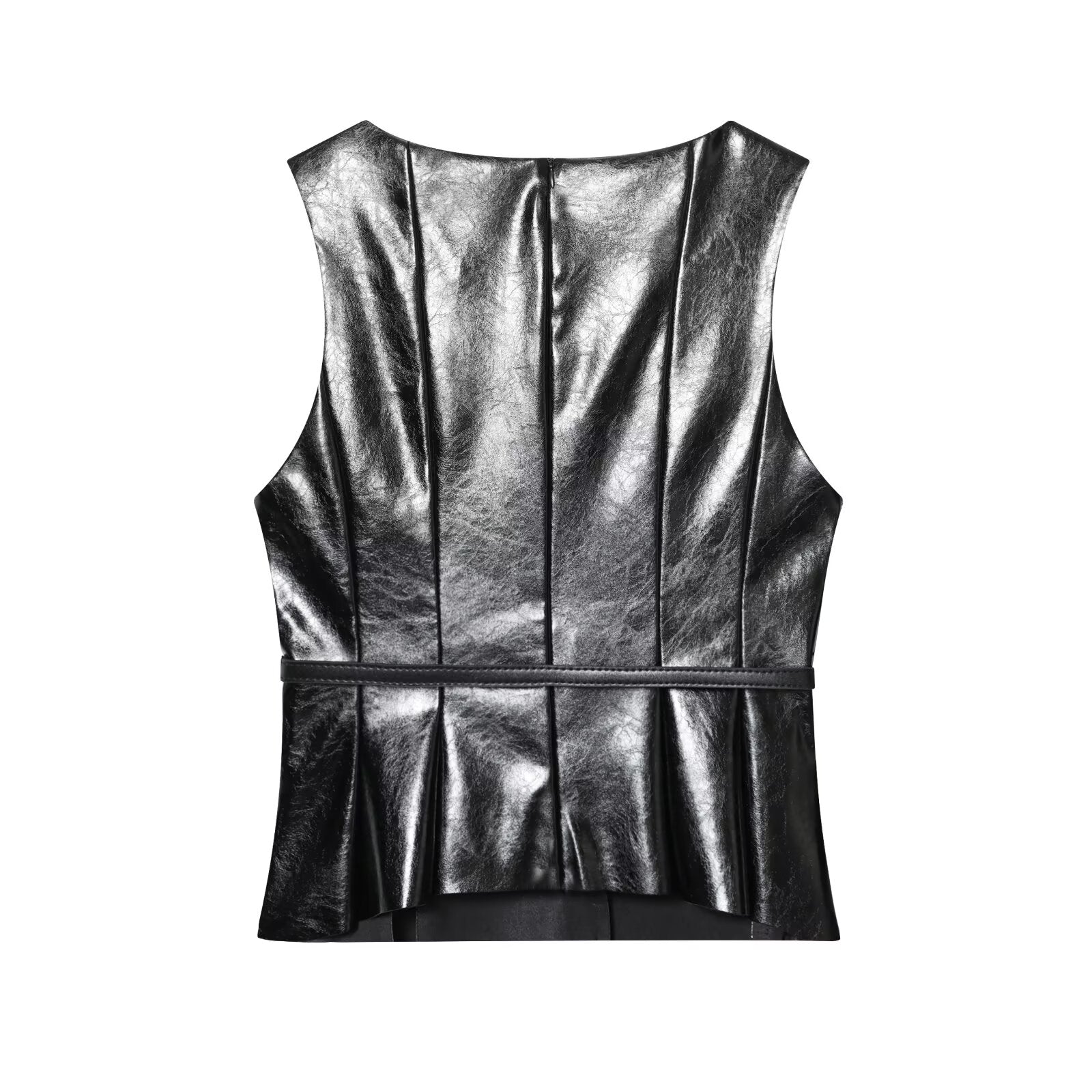 Women's new with Belt sleeveless faux leather effect vest top