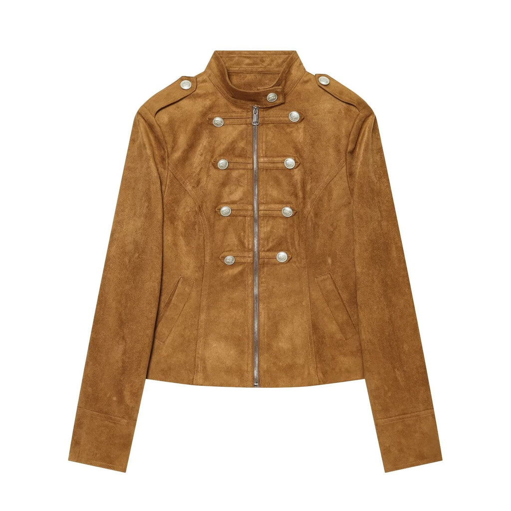 Women's double breasted waist cinched suede jacket