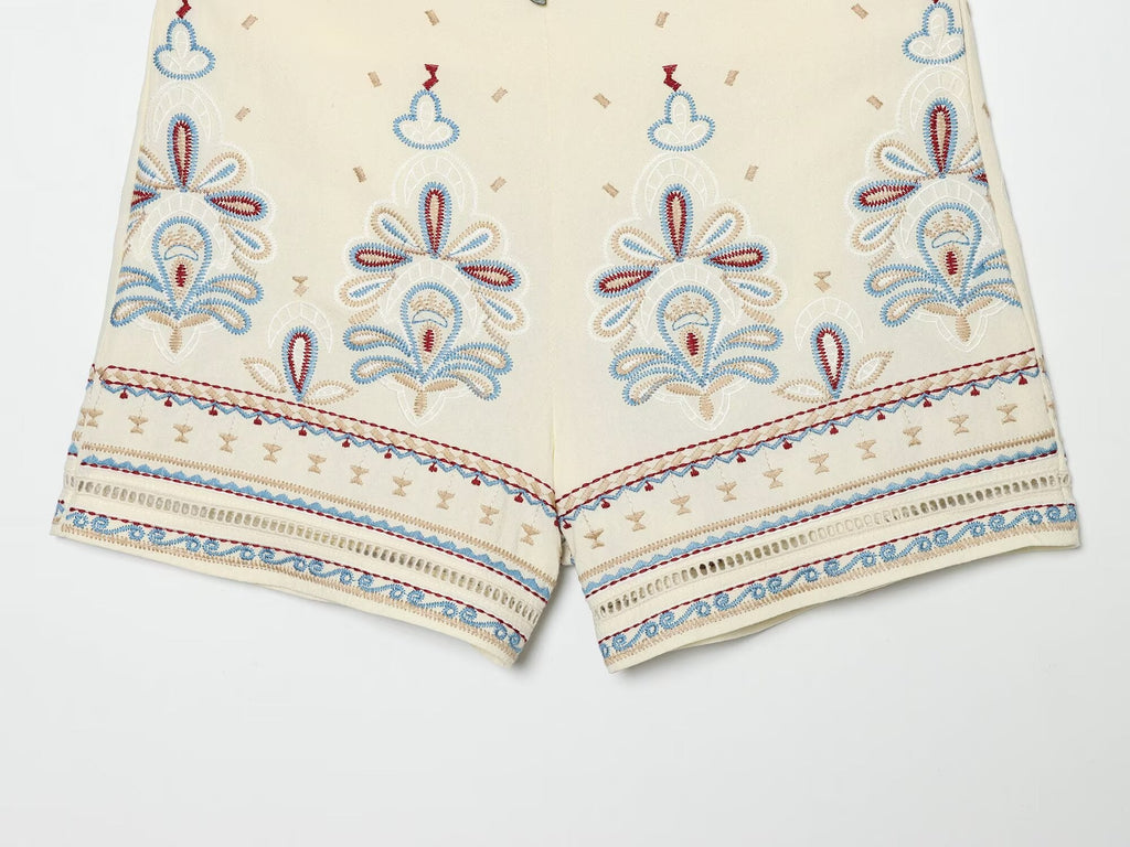 suit Women's 2 pieces linen blend embroidered top+Shorts