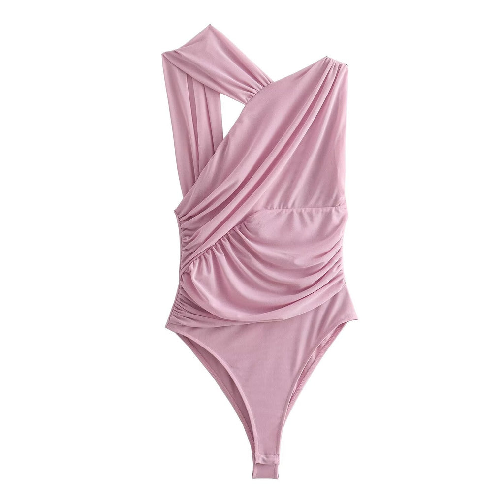 Women's 2025 new fashion tight pleated Printed tulle bodysuit