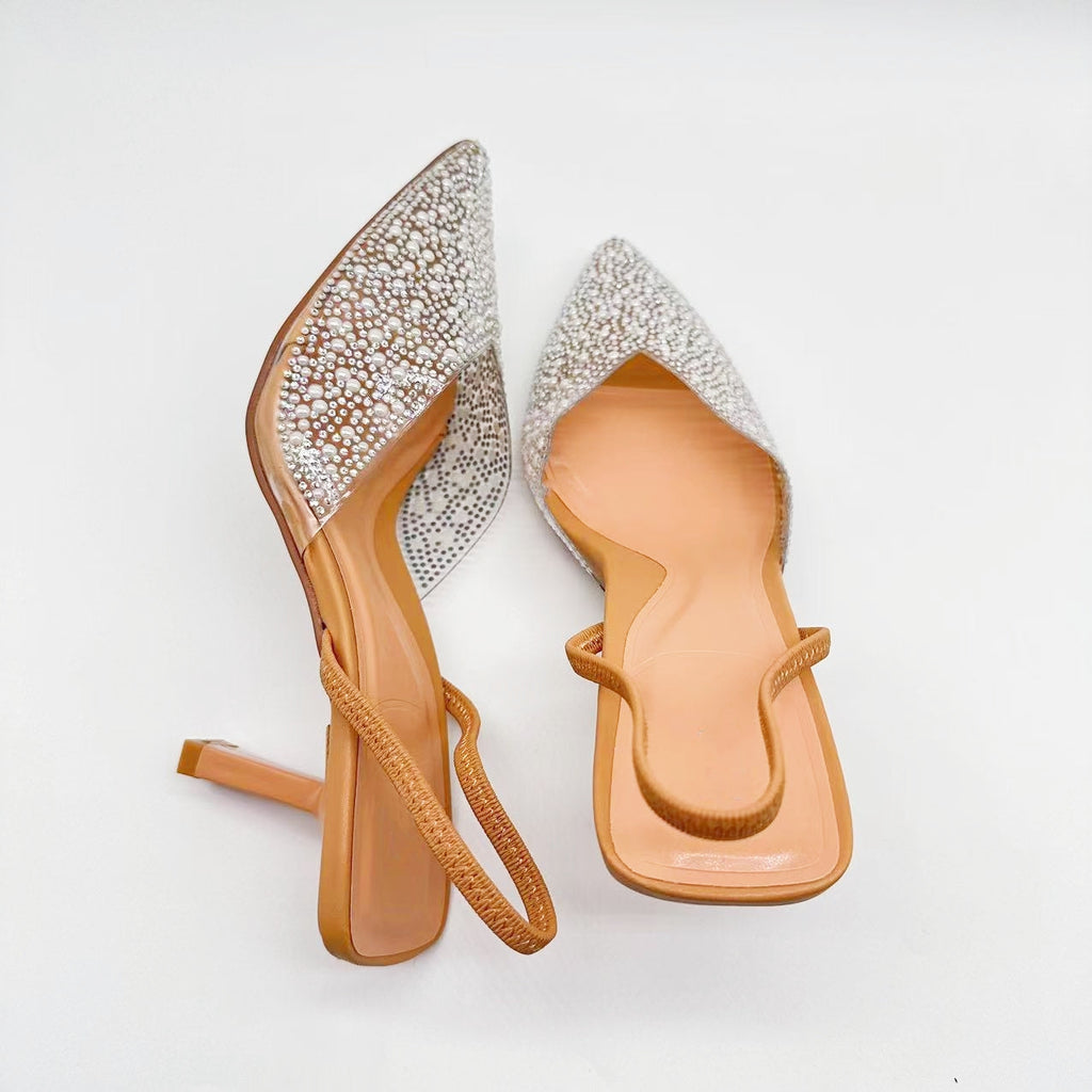 Women's New Fashion Joker Brown Artificial Pearl with High Heels and Pointed Shoes Sandals.