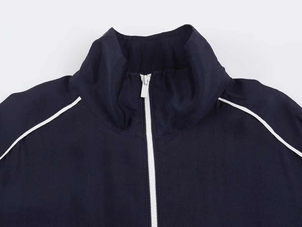 Women's stand collar contrasting striped loose Coat
