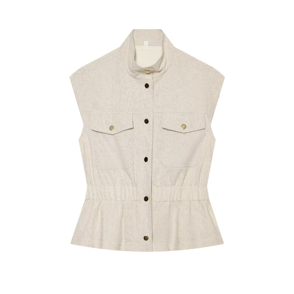 Women's pocket decoration linen blend vest