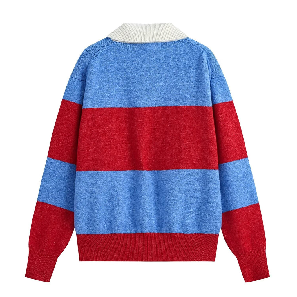 Women's polo shirt collar striped knit sweater