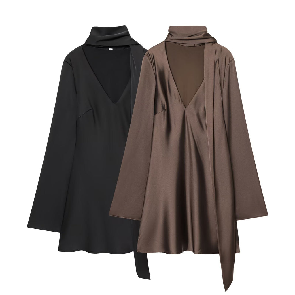 Women's new scarf decoration satin texture mini dress