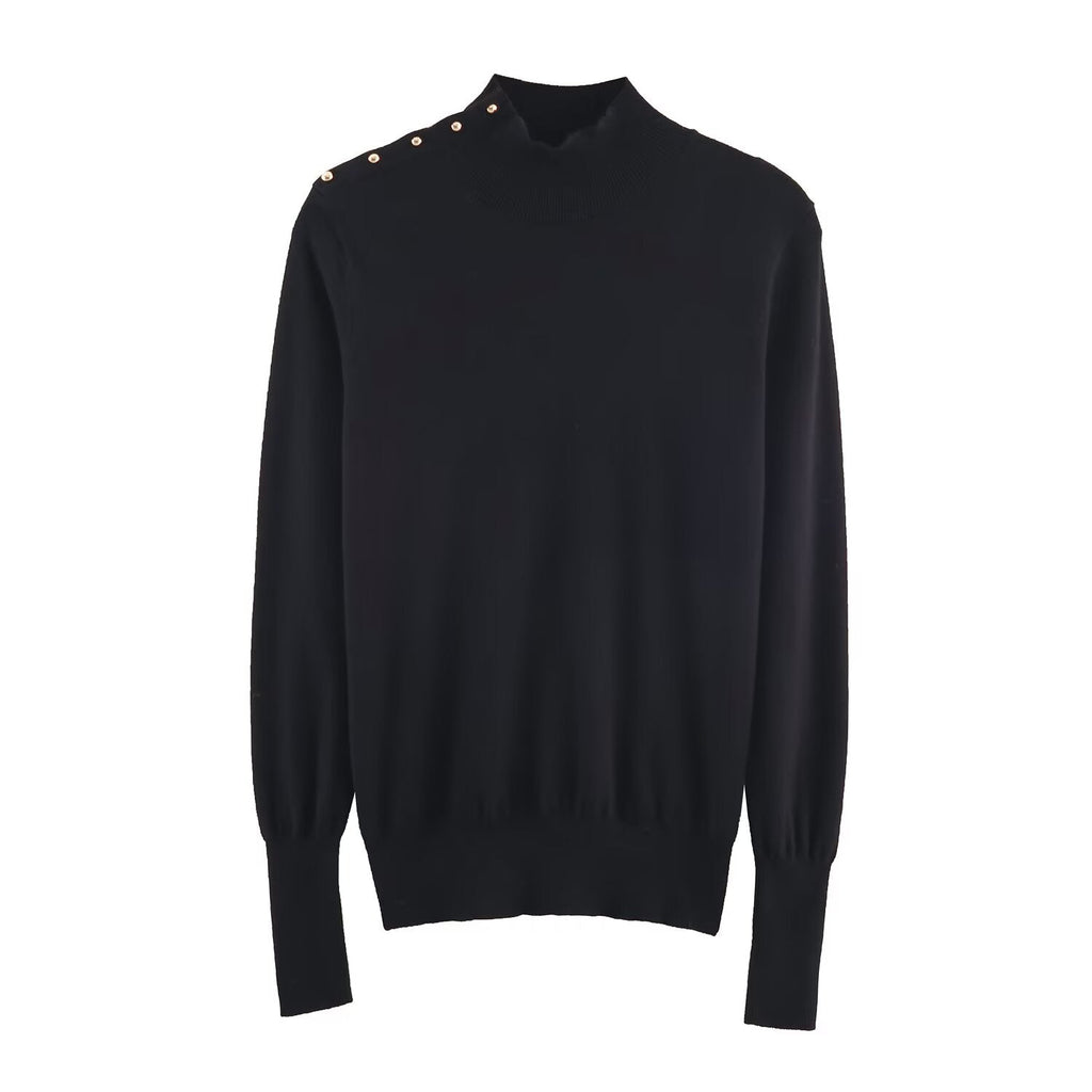 Women's buckle decoration slim stand collar knitted sweater