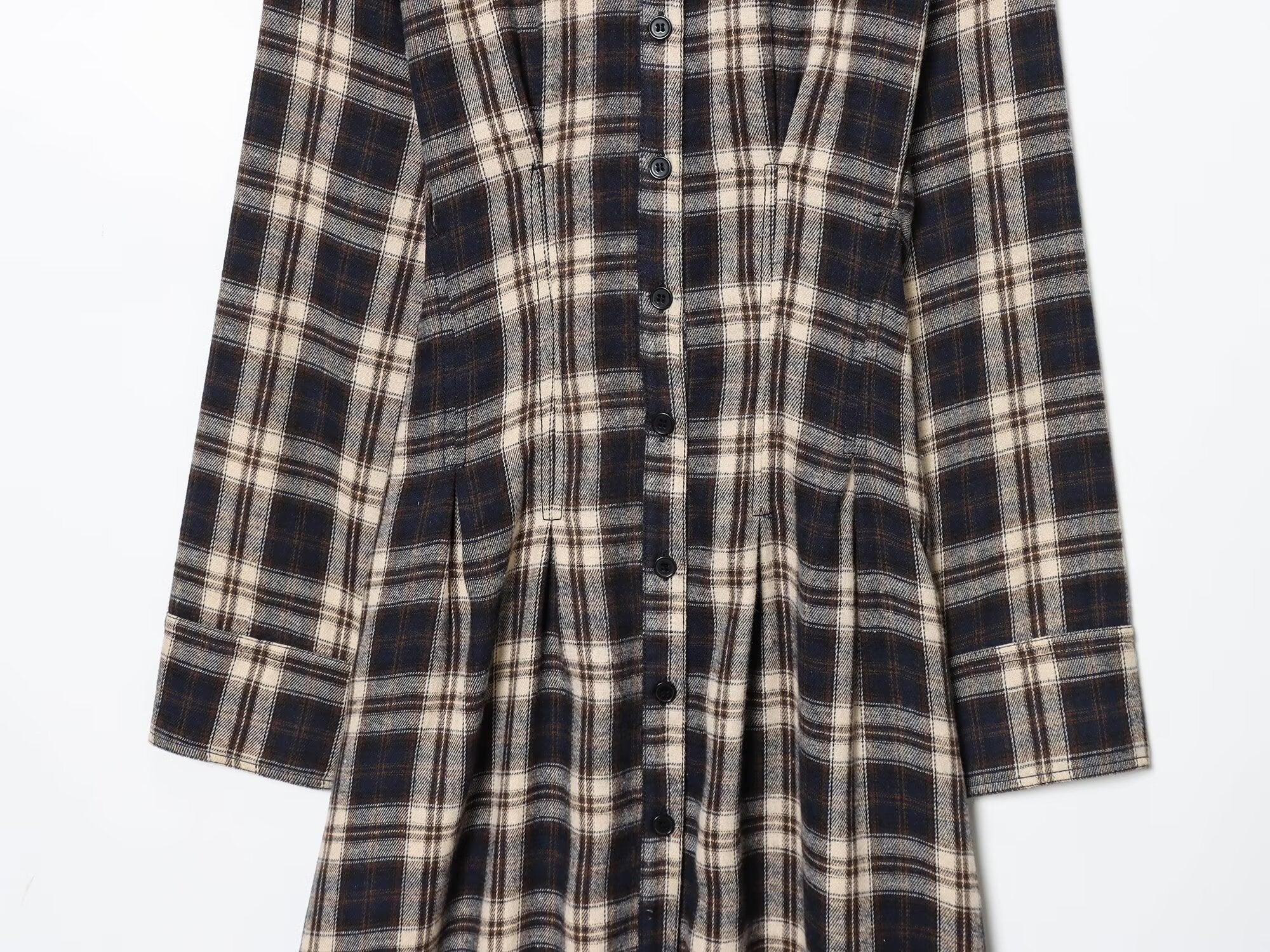 Women's casual shirt style pleated checkered MIDI dress