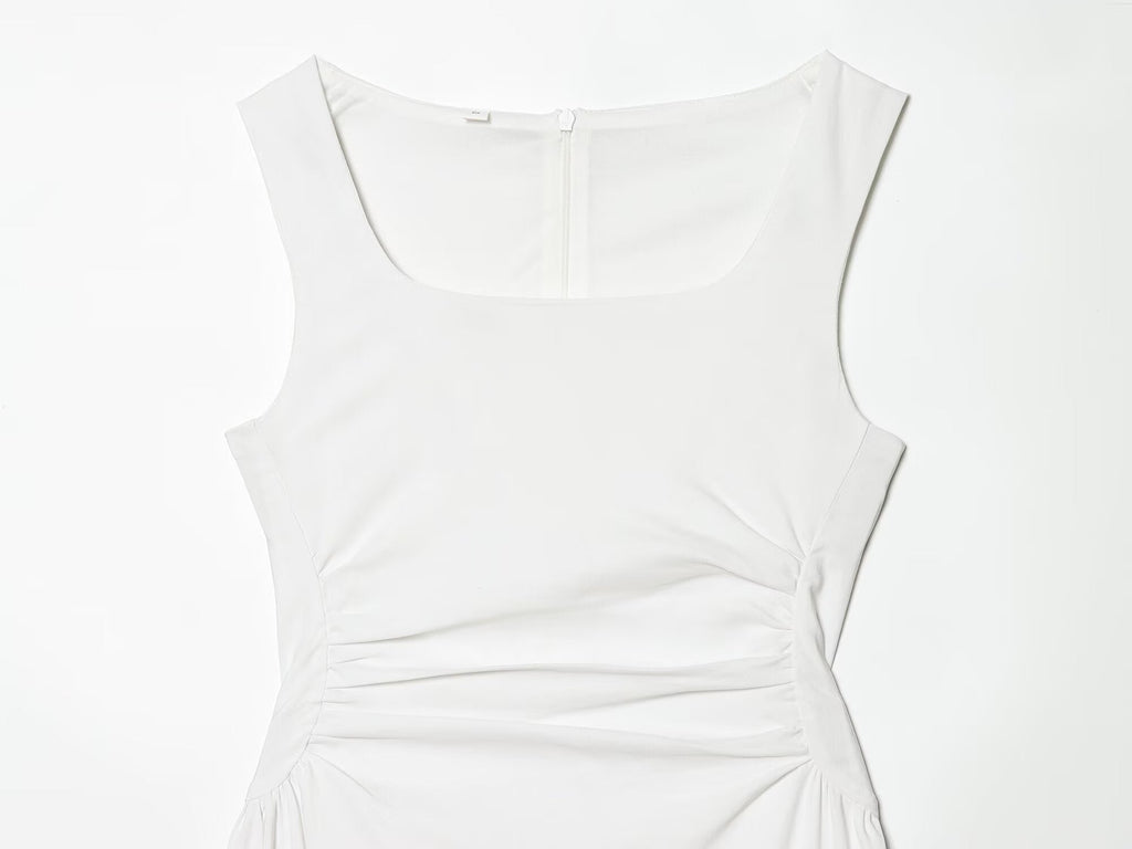 Women's U-neck pleated waist MIDI dress