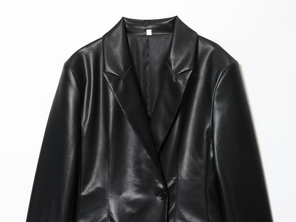 Women's new fashion black slim faux leather effect suit Coat