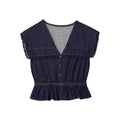 Women's new fashion lace Lapel short denim shirt+shorts suit