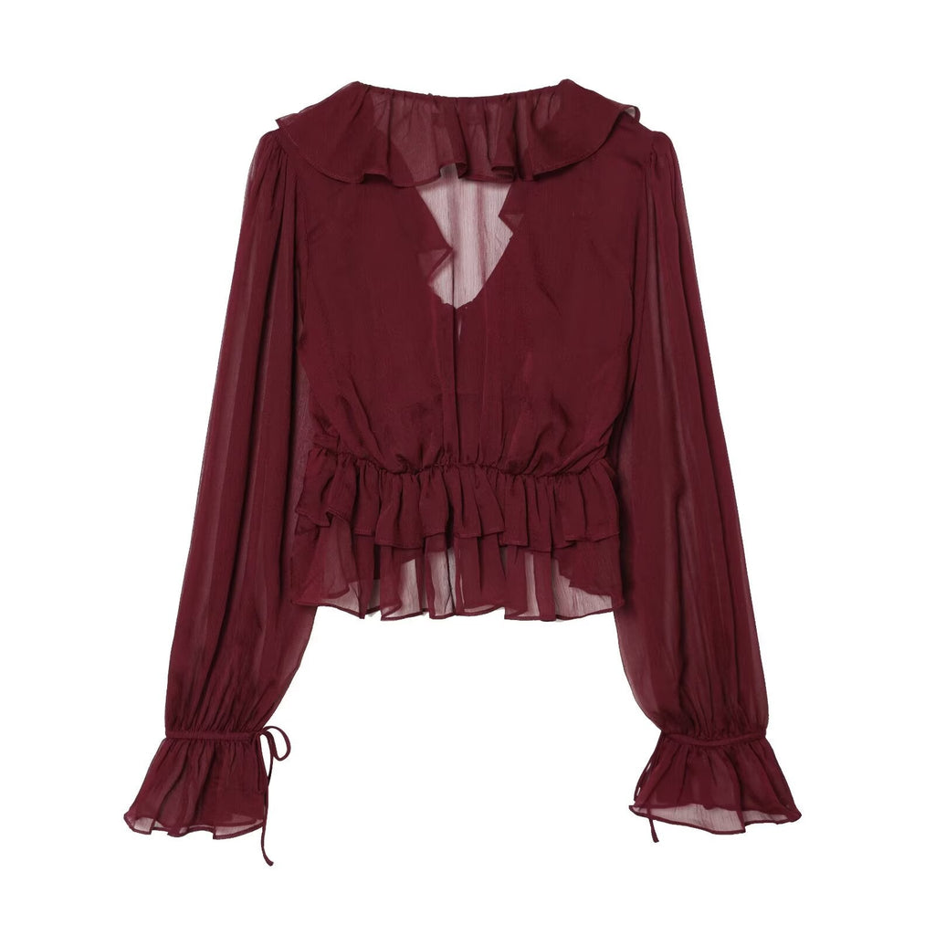Women's slightly transparent ruffled V-neck top