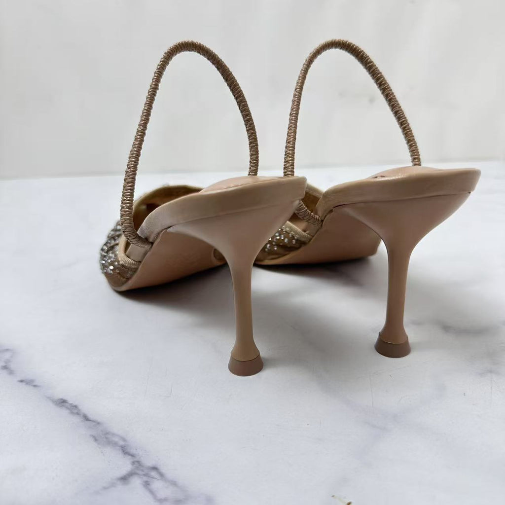 Women's New Fashion Joker Bright Water Diamond Mesh Fashion Temperament with High Heels.