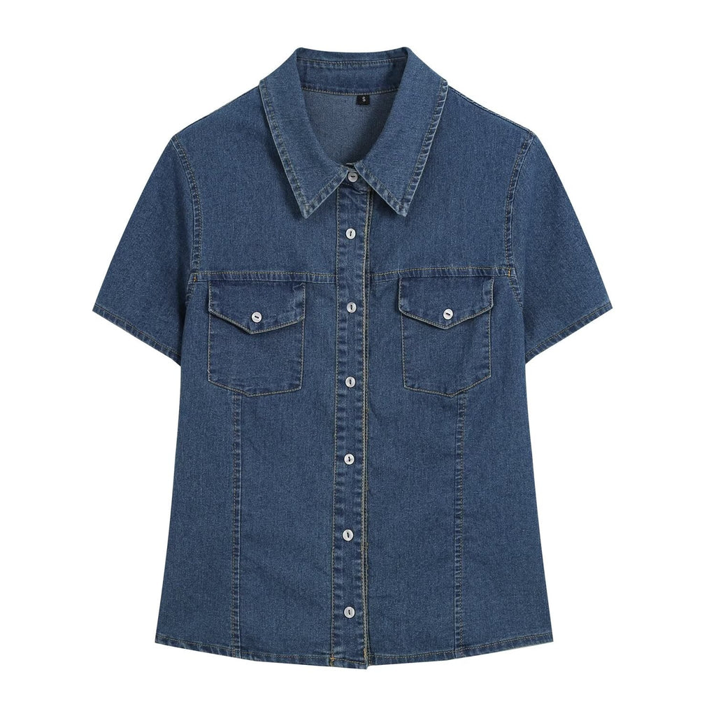 suit Women's 2 pieces short sleeved denim shirt+low waist wide leg jeans
