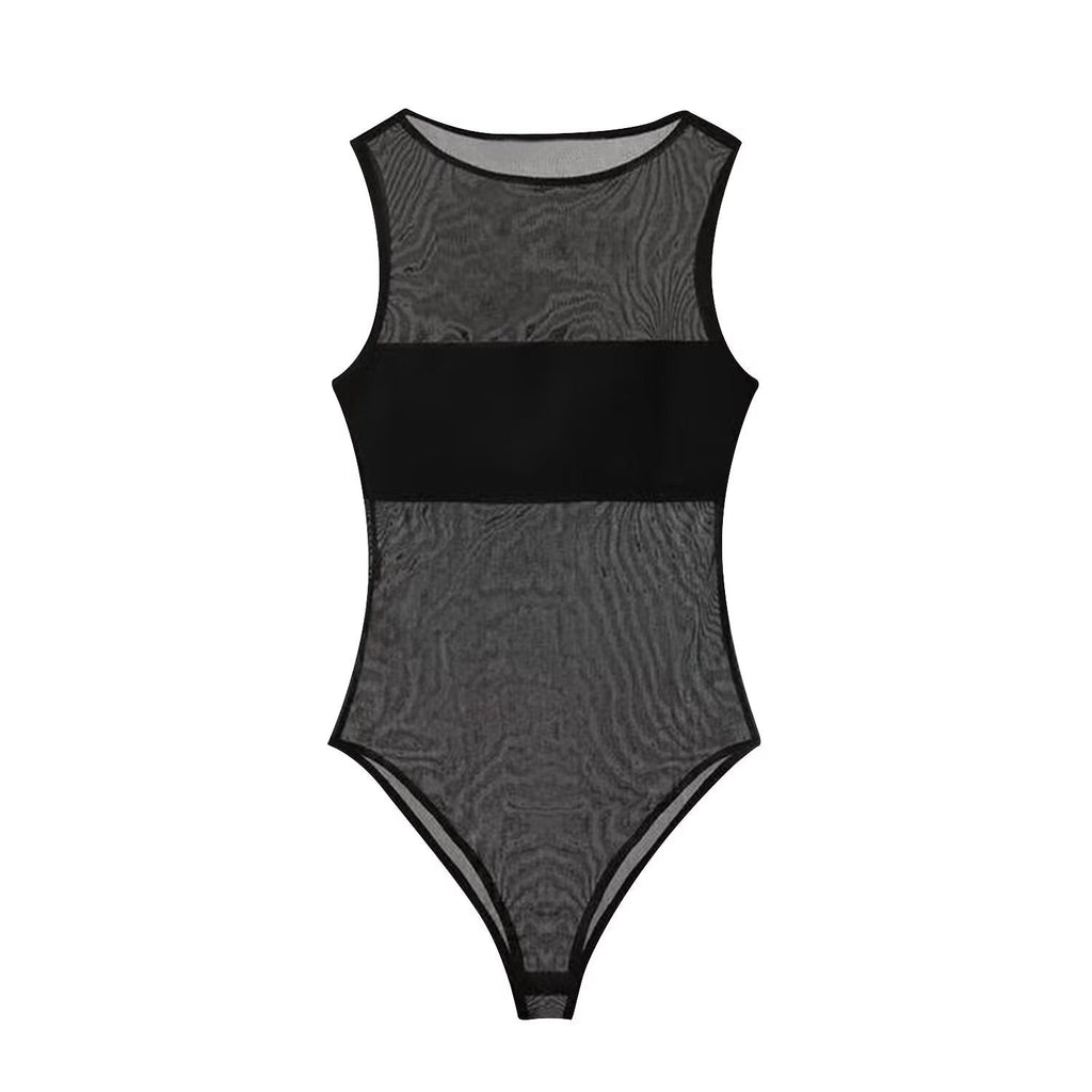 Women's sexy patchwork tulle bodysuit