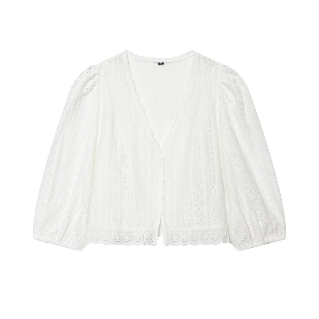 Women's hollowed out embroidered V-neck shirt