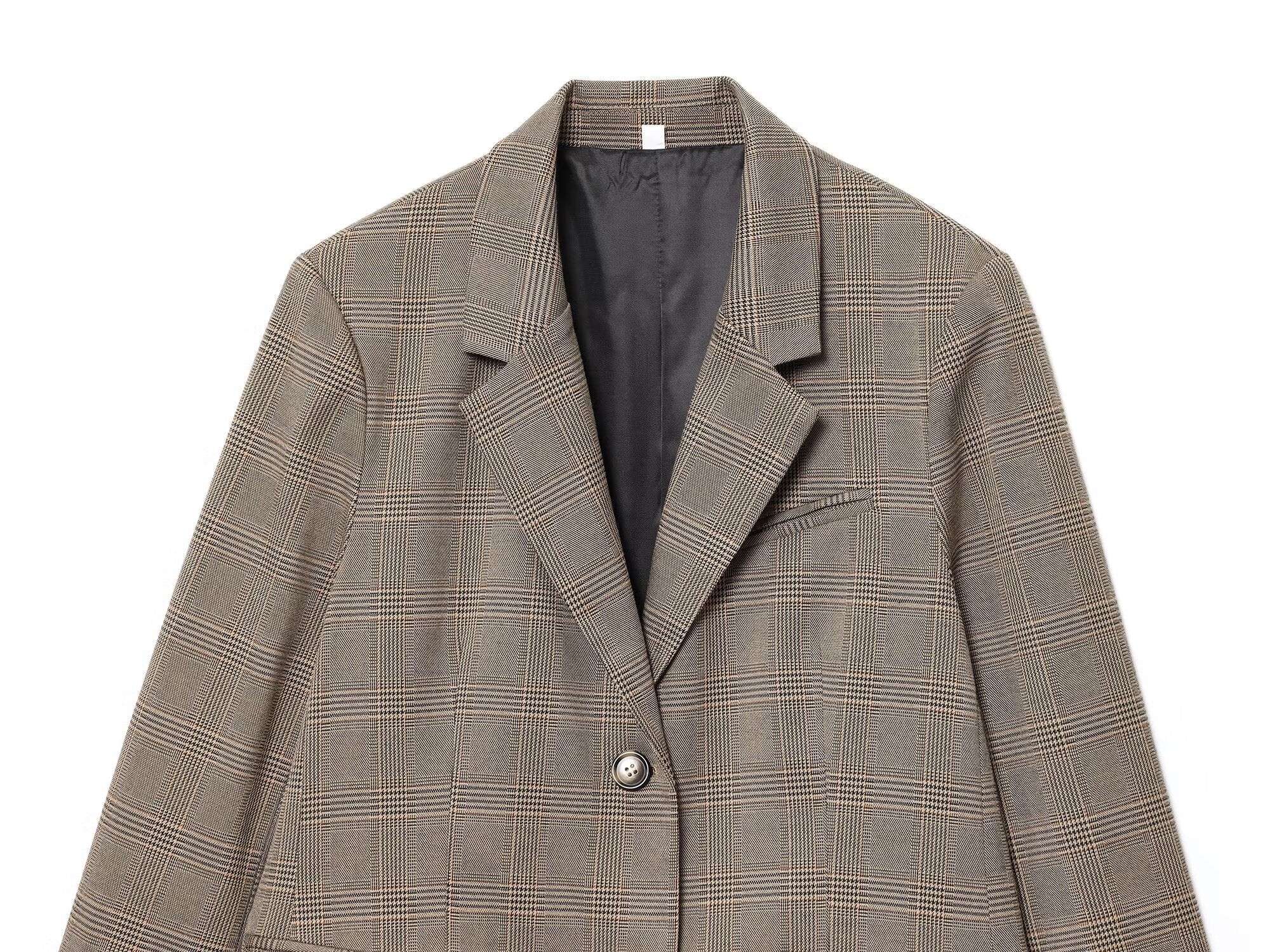 Women's new fashion loose single breasted linen blended plaid suit jacket
