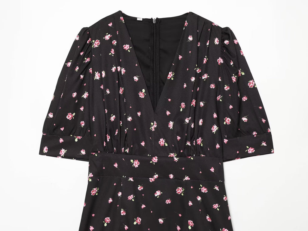 Women's slim V-neck printed mini dress