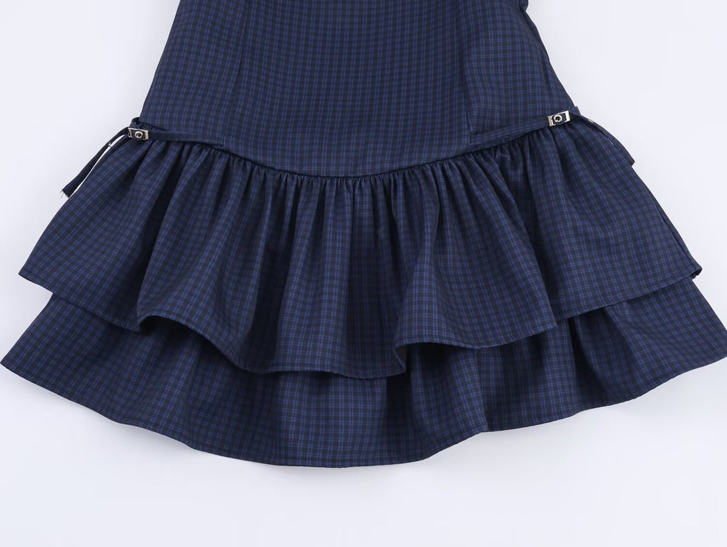 Women's new layered decoration sleeveless plaid mini dress