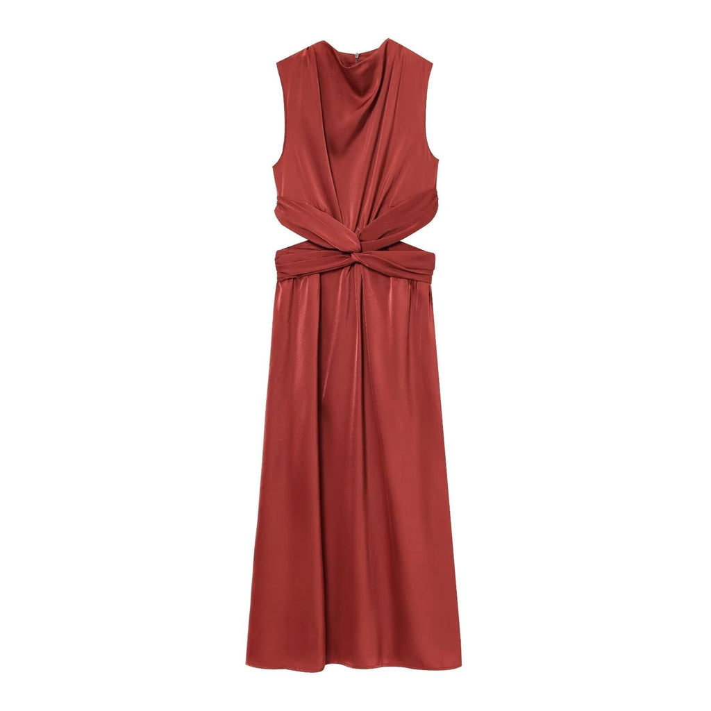 Women's 2025 chic fashion opening design satin midi dress retro sleeveless women's dress