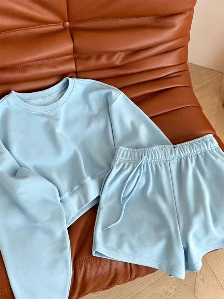 2026 new fashion round neck short sweater+elastic waist shorts sports suit