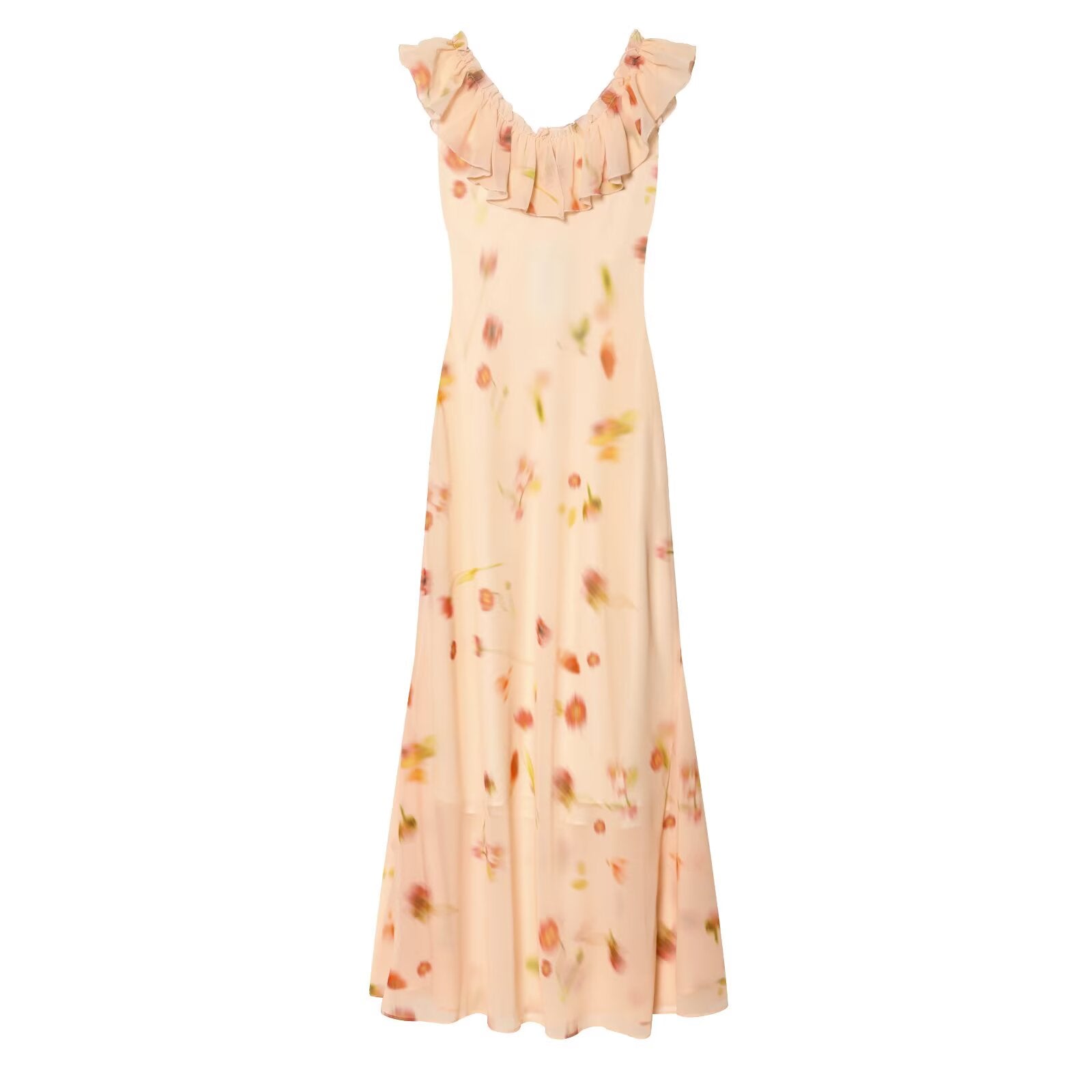 Women's ruffle edge decorative printed MIDI dress