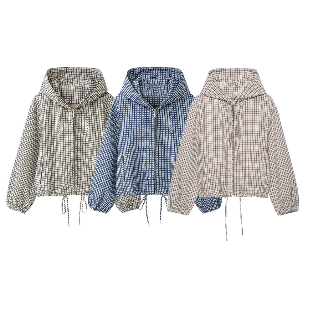 Women's casual plaid hooded jacket Coat