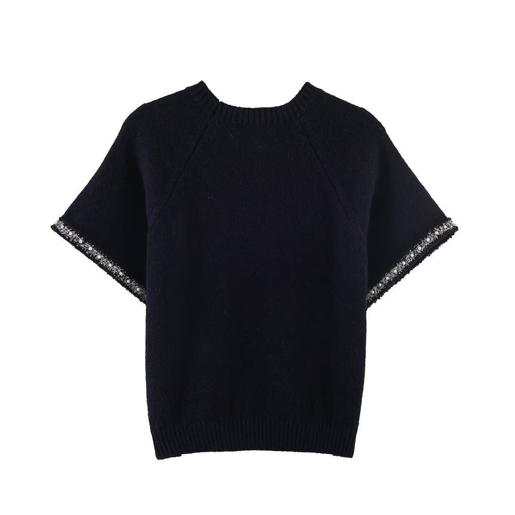 Women's Artificial Pearl Short Sleeve Knitted Shirt