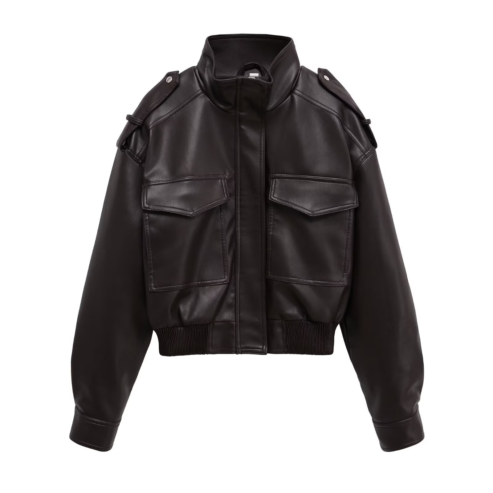 Women's short standing collar Faux Leather jacket Coat