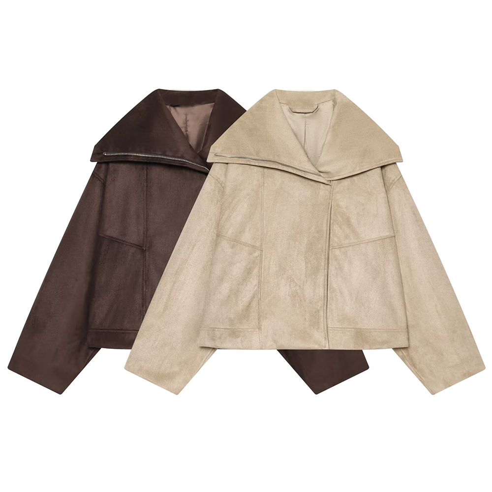Women's suede textured large collar pilot jacket Coat