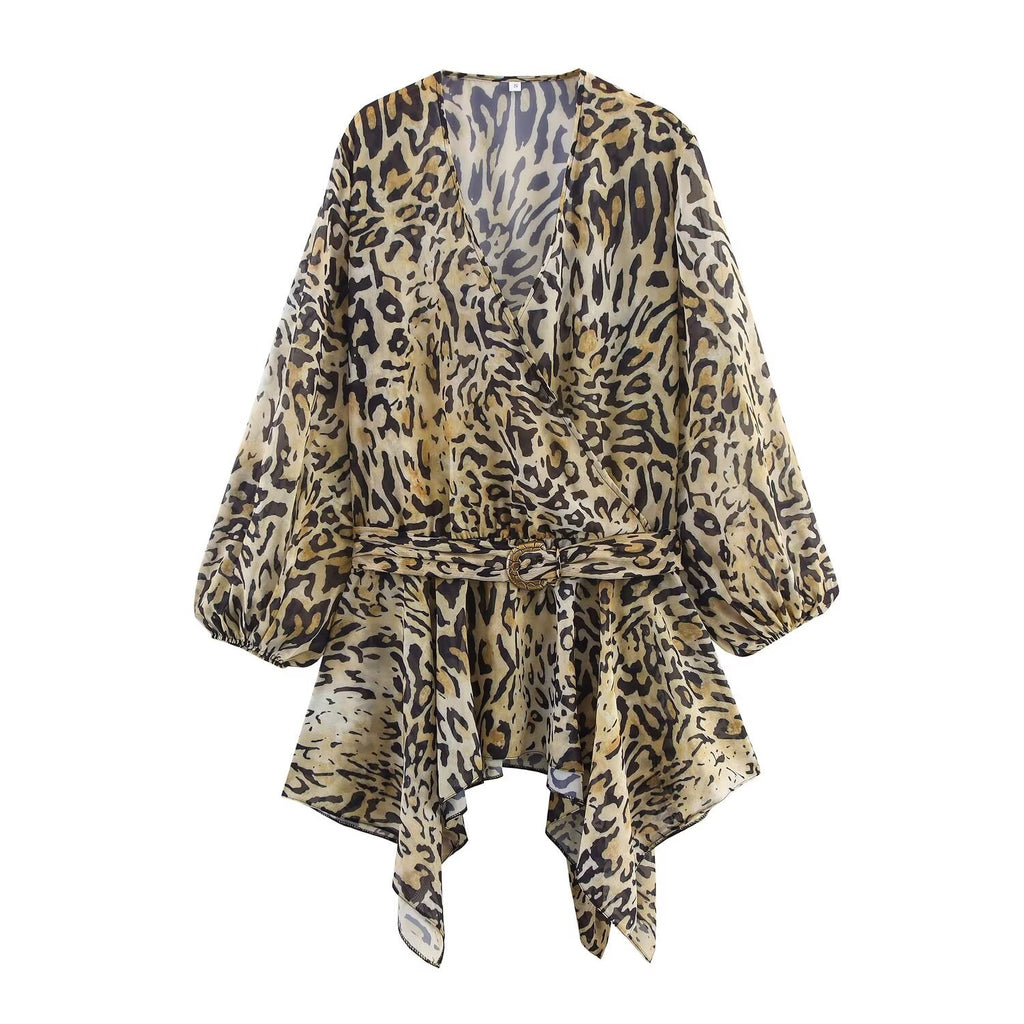 Women's New Fashion With Belt Animal Stripe Printed Top