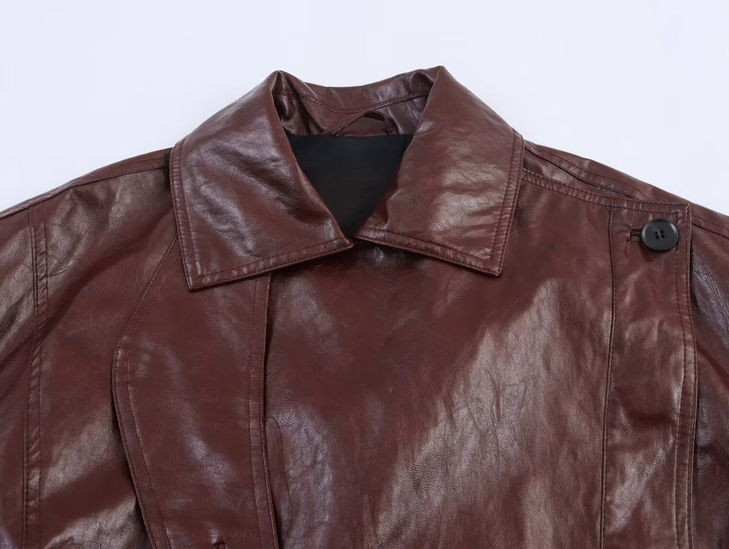 Women's new fashion casual lapel shiny Faux Leather jacket Coat