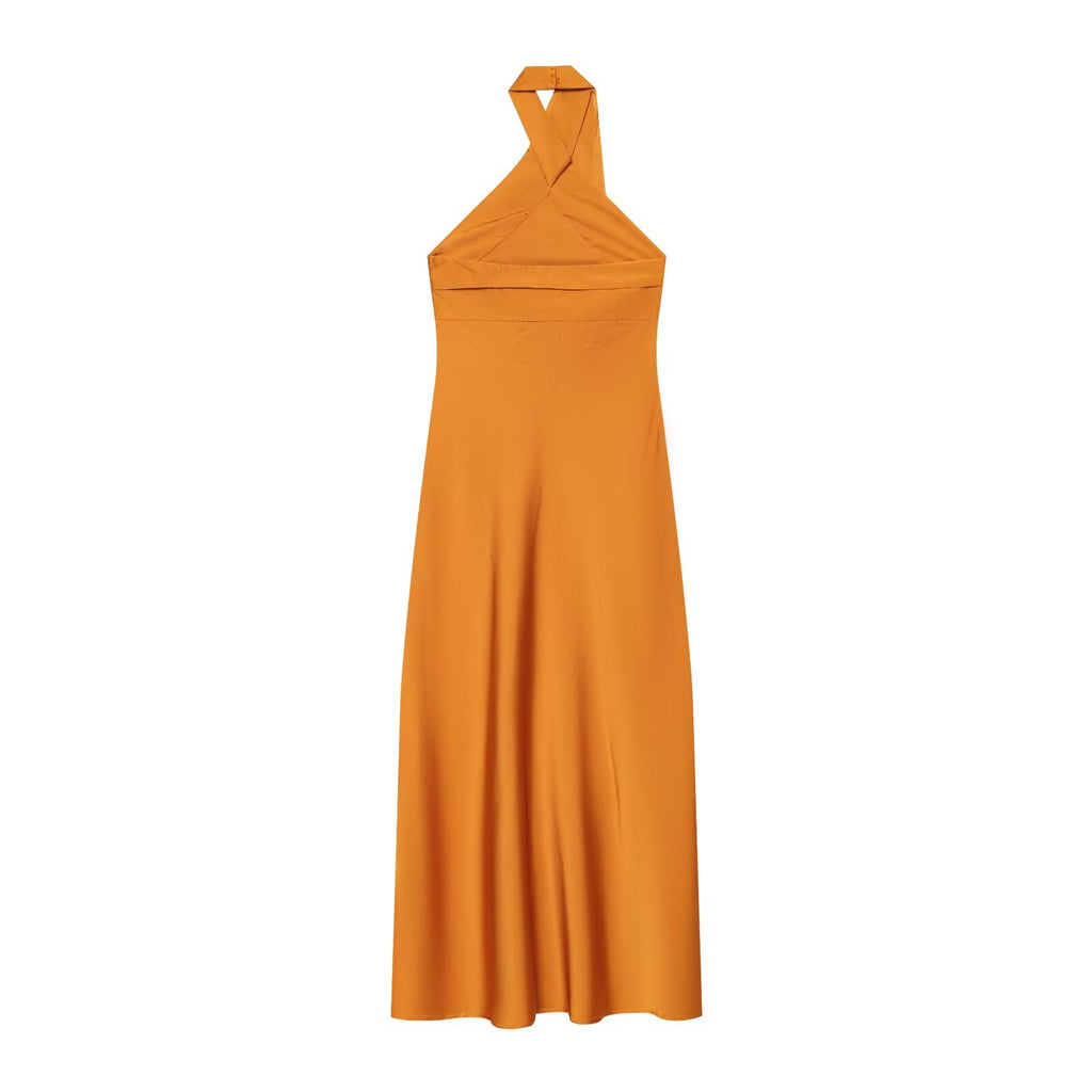 Women's satin texture hanging neck MIDI dress