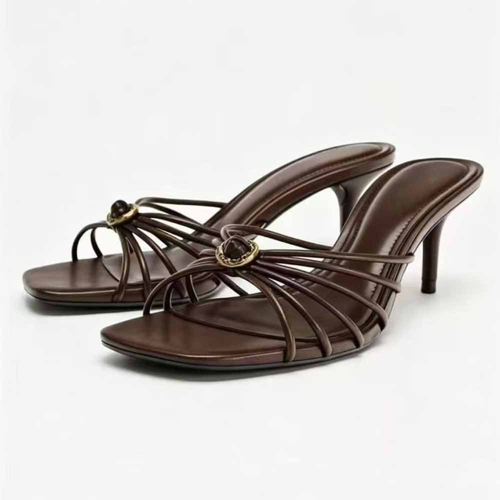 Women's new fashion metal decorative square high-heeled slippers