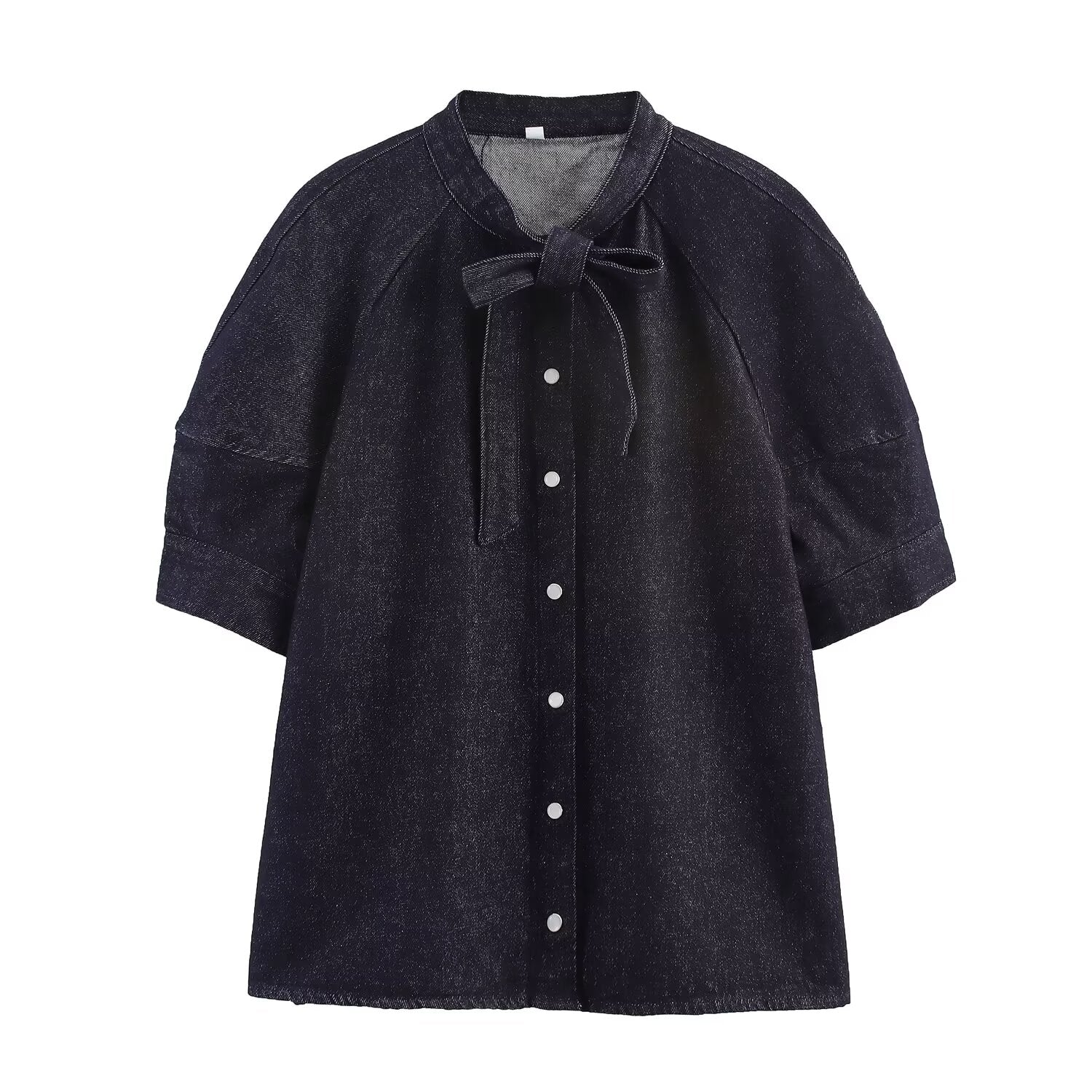 Women's new fashion bow decoration short sleeved denim shirt+Skirts suit