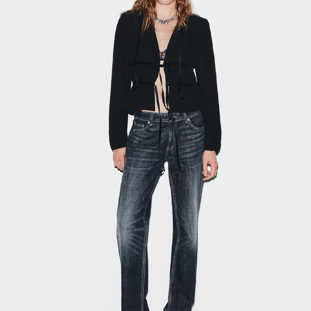Women's bow decoration short pleated shirt
