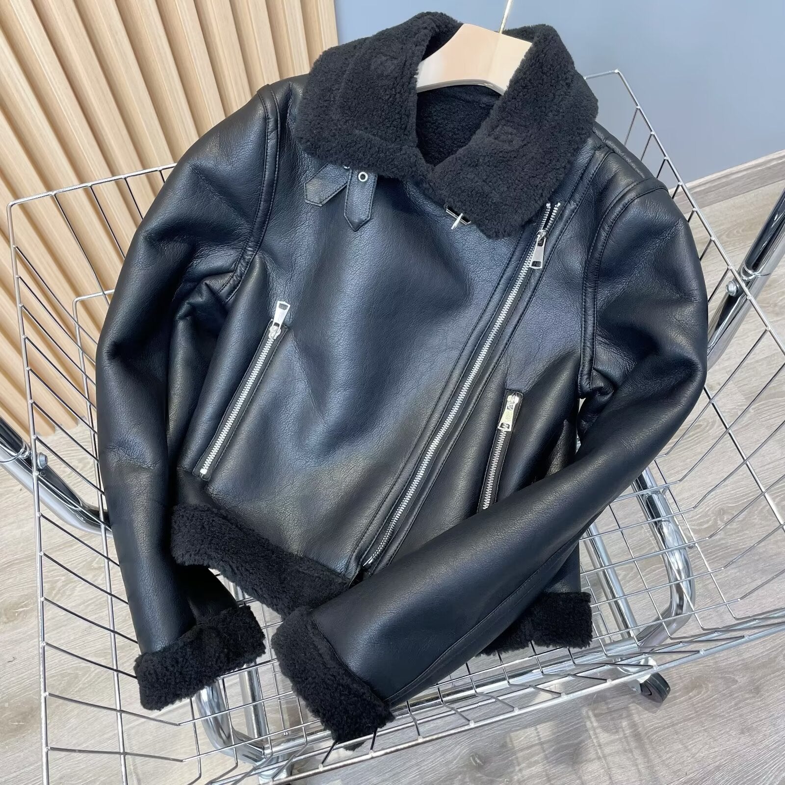 Women's black double-sided Fur Faux Leather jacket Coat