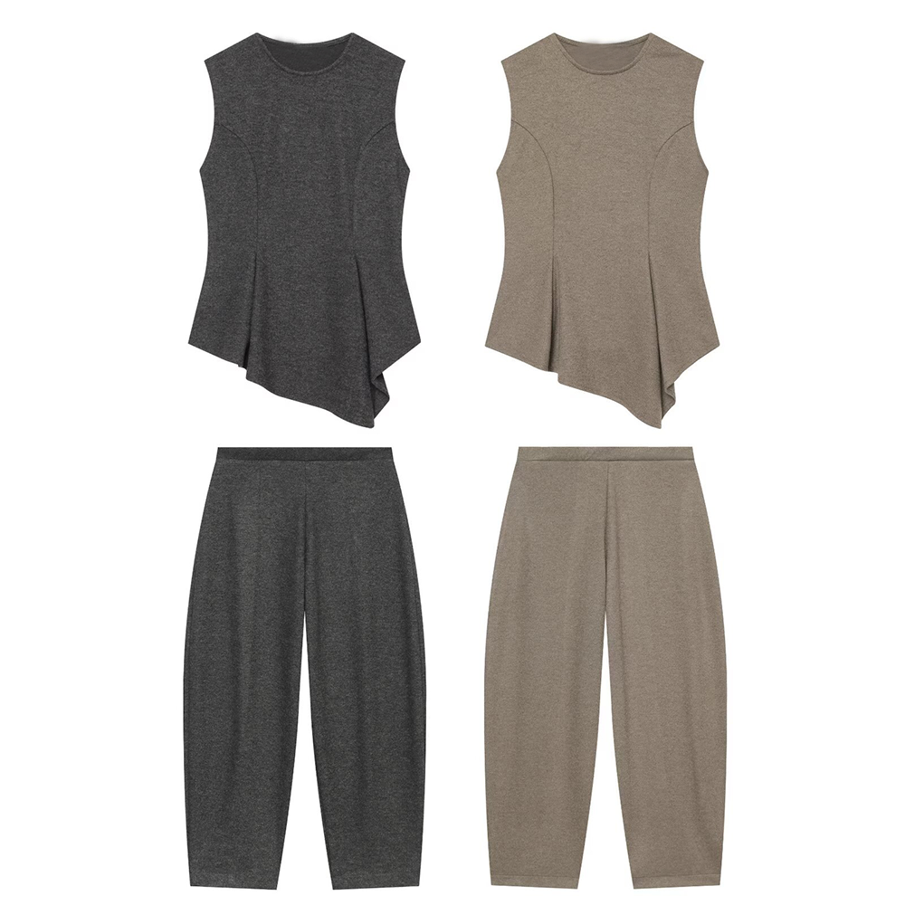suit Women's 2 pieces O-Neck soft texture short skirt style hem top+pants