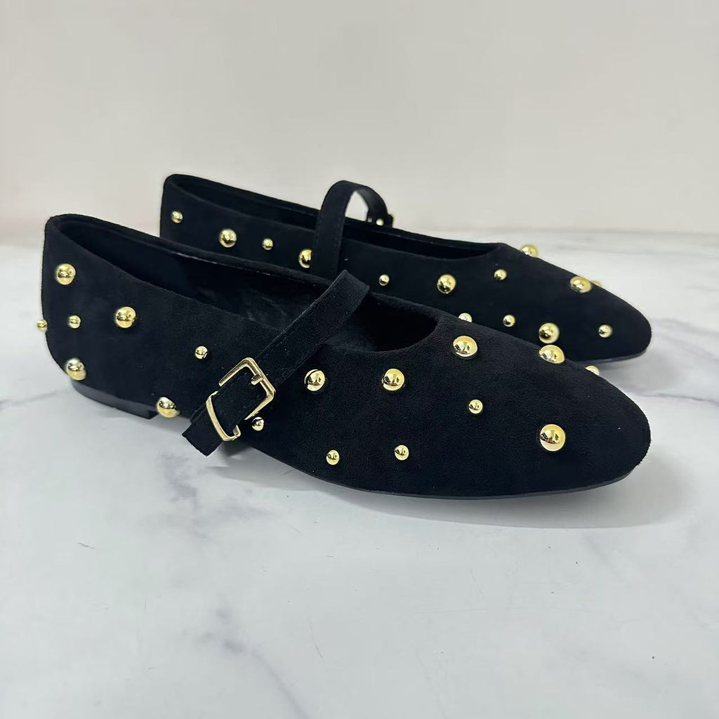 Women's 2025 New Fashion Joker Retro Rivet Mary Jane Suede Ballet Flat Shoes
