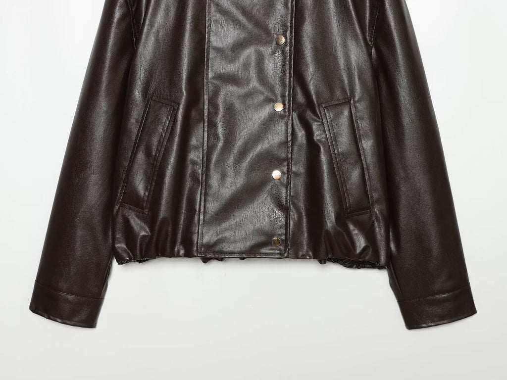 Women's leather effect standing collar pilot jacket Coat