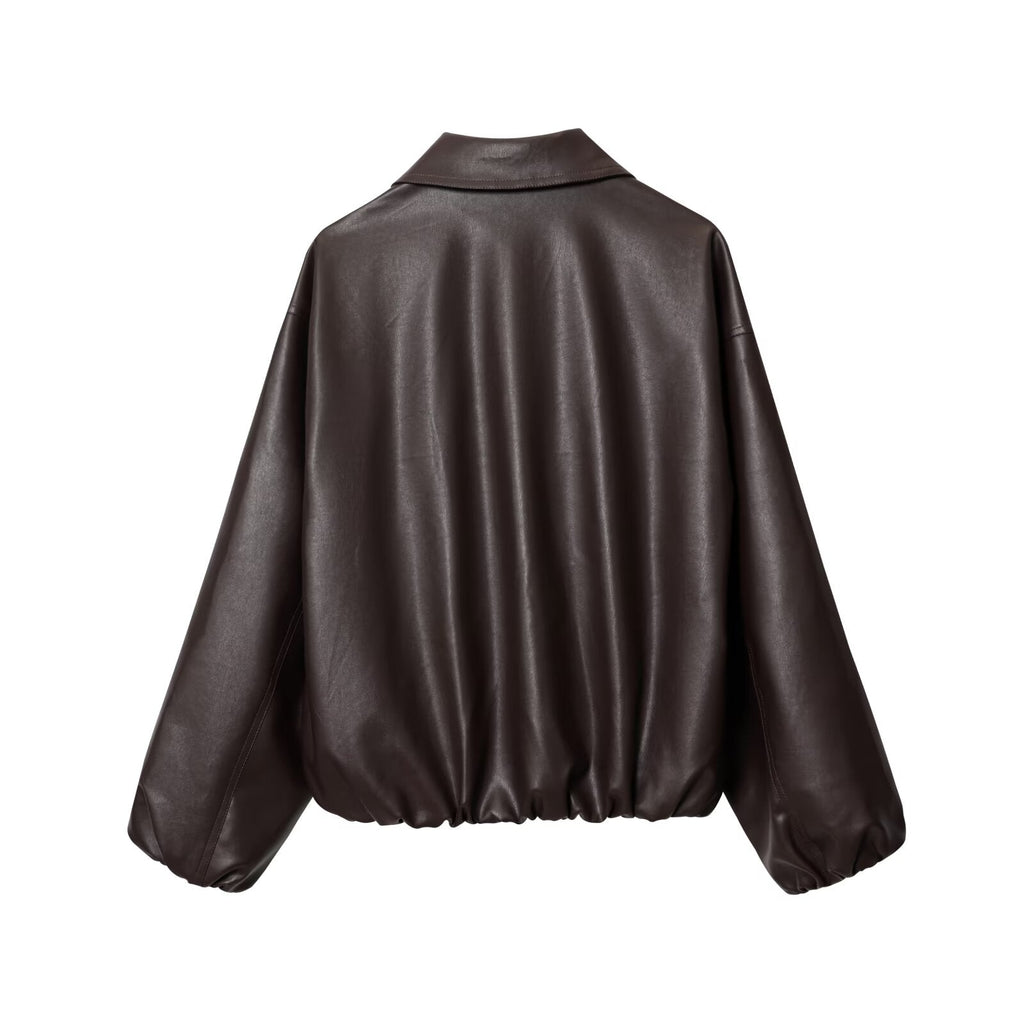 Women's new fashion loose zipper faux leather flight jacket Coat