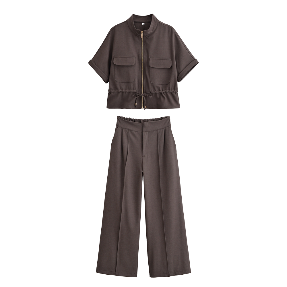 suit Women's 2 pieces short sleeved hunting shirt+Wide leg pants