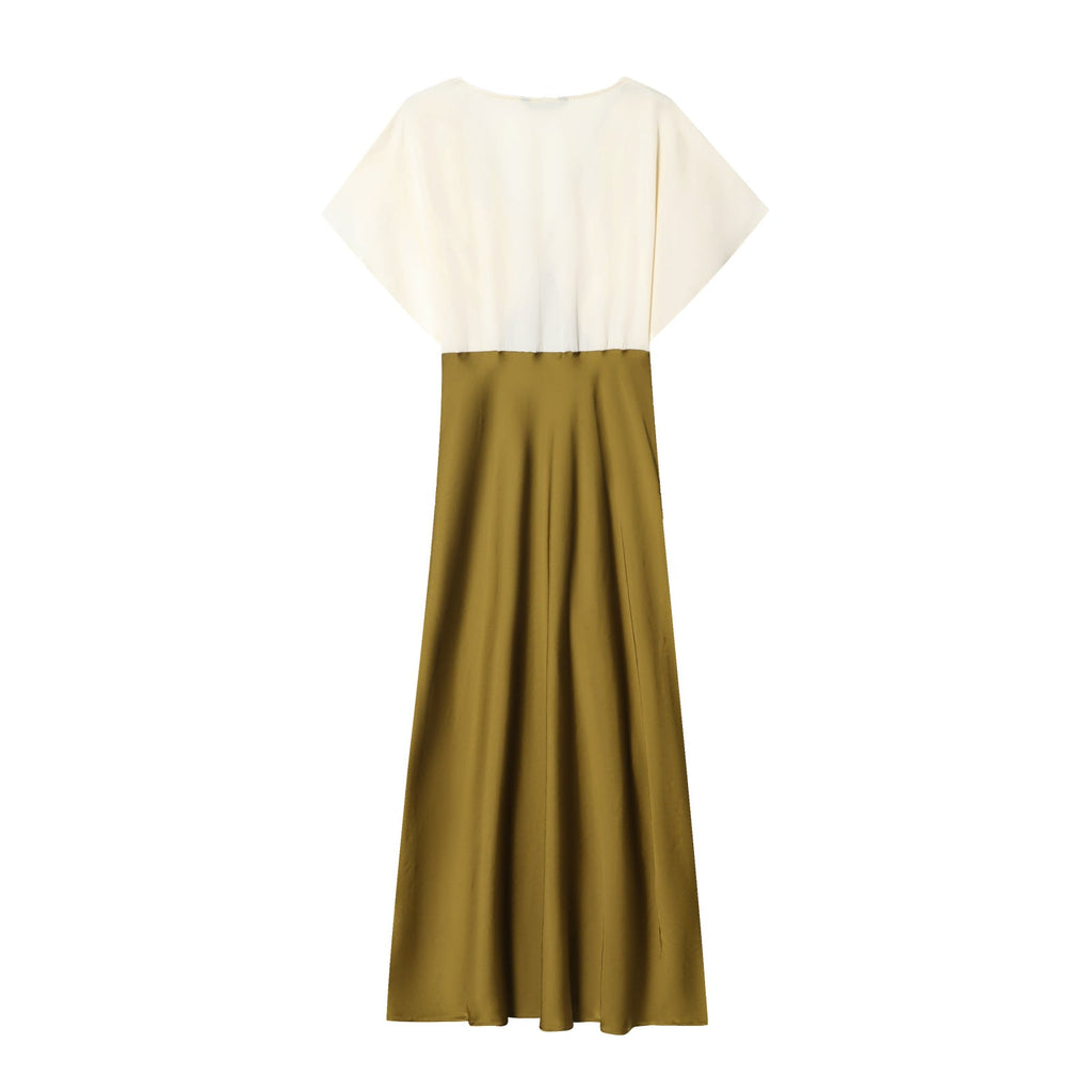 Women's new fashion contrasting lace V-neck satin texture MIDI dress