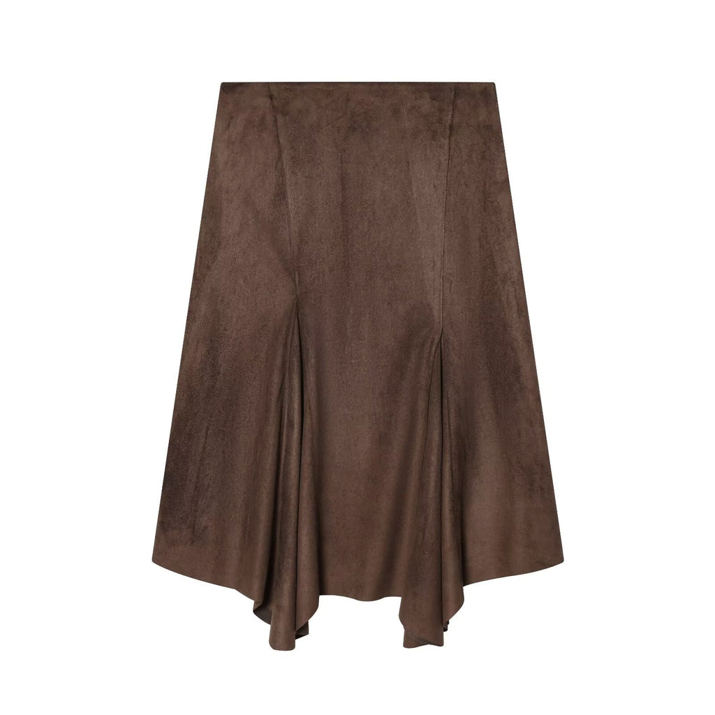 Women's asymmetrical suede effect MIDI skirt