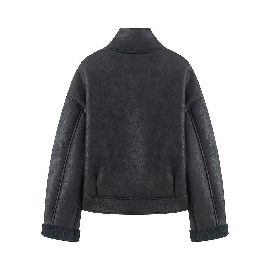 Women's casual double-sided Fur Leather jacket Coat