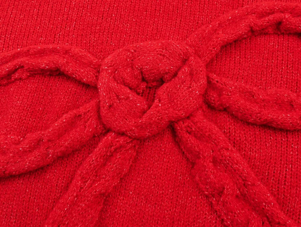 Women's bow decoration O Neck knitted sweater