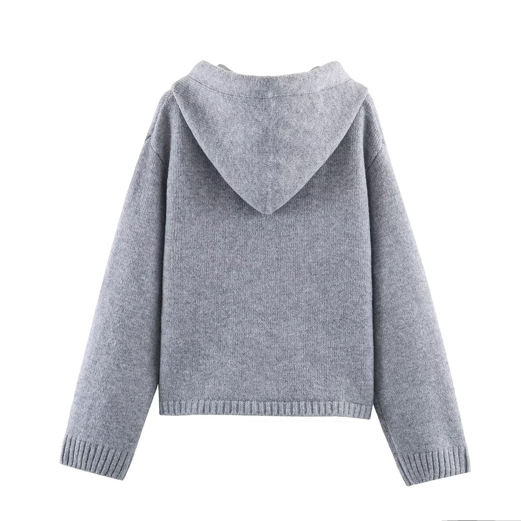 Women's hooded drawstring jacquard knitted cardigan