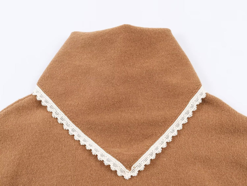 Women's lace headscarf decoration O Neck knitted sweater