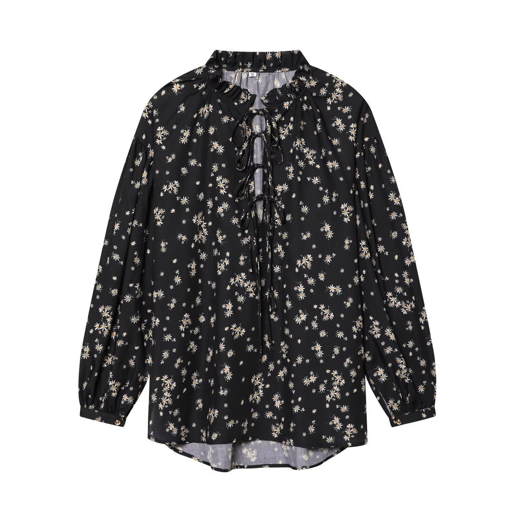 2026 Women's printed V-neck lace up shirt